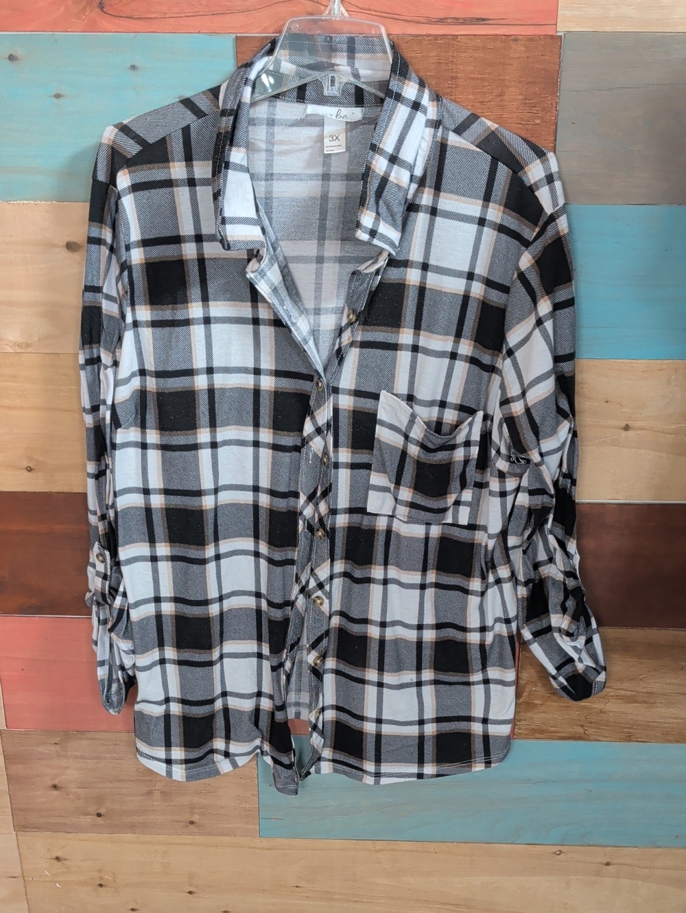 just be Black White Tan Plaid Button-Up Shirt